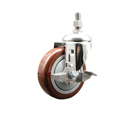 Service Caster 4 Inch 316SS Maroon Polyurethane Swivel 1/2 Inch Threaded Stem Caster with Brake SS316TS20S414-PPUB-MRN-TLB-121315